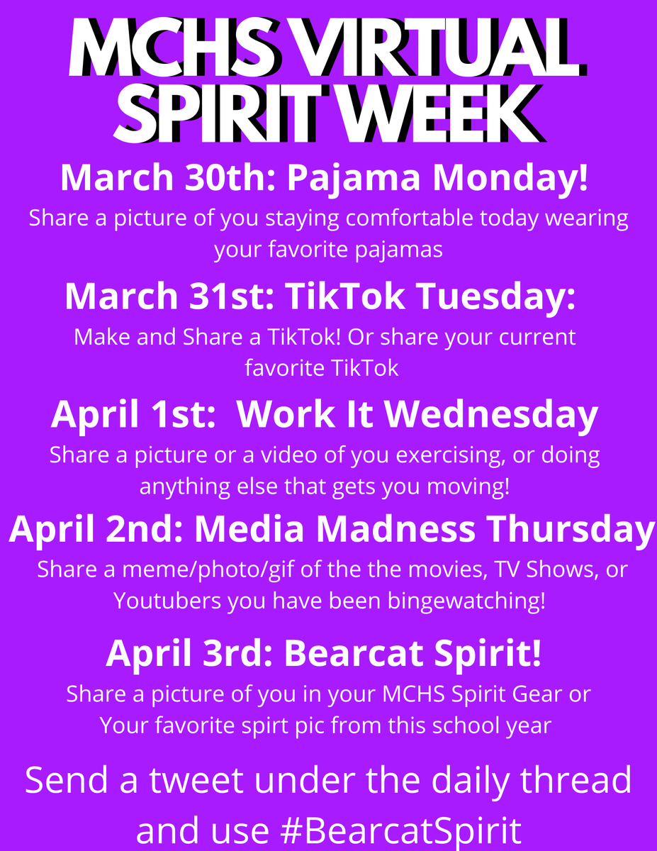 Hey Bearcats, are you in to do a Virtual Spirit Week? Let's show our MCHS pride and connect with one another next week! You in?! <a href="/Central_MCS/">Principal Walker</a> <a href="/purplemayhem20/">Purple Mayhem</a> <a href="/MCHSBearcats/">Bearcat Athletics</a> <a href="/KennaJones1/">Kenna Jones</a>