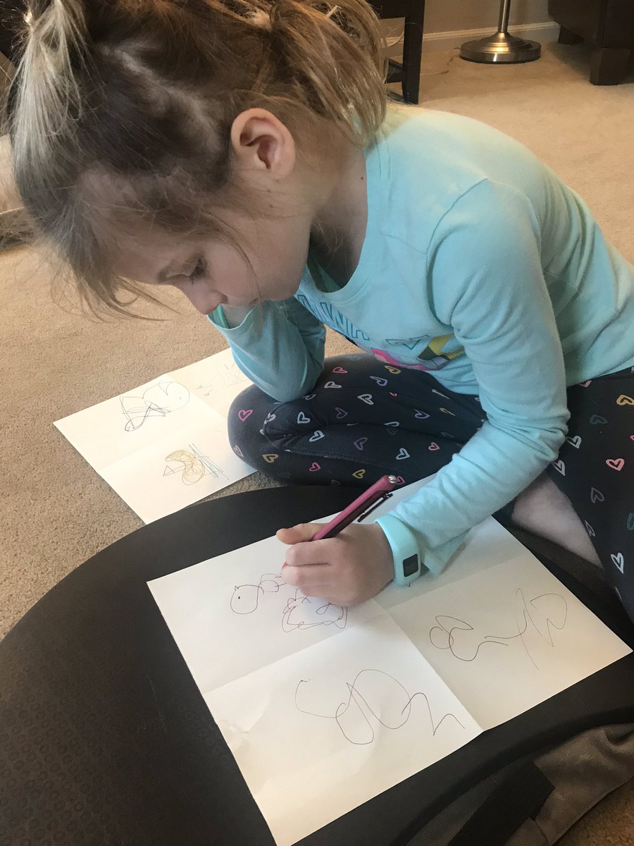 At #edcampSTL, <a href="/manuelherrera33/">Manuel S. Herrera</a> had us draw squiggles and turn them into birds as we talked #sketchnotes. Today I challenged my girls to turn squiggles into anything. They loved it. #socialdistancelearning #getcreative