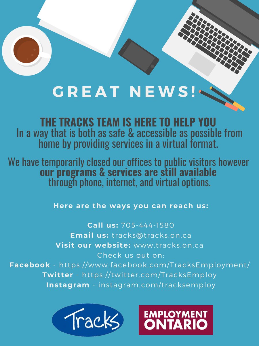 TracksEmploy's tweet photo. The Tracks team is here to help YOU In a way that is both as safe &amp; accessible as possible from home by providing services in a virtual format. We have temporarily closed our offices to public visitors however our programs &amp; services are still available! https://t.co/0dnxAscgPp