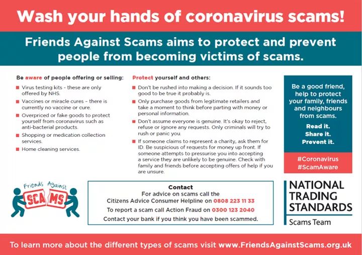 WestBromwichTC's tweet photo. Unfortunately there are a number of scams being identified in relation to the Coronavirus.  

Please see the guidance below on what to do to protect yourself and your family from these scams.

For further information please visit https://t.co/RiBxNcsy5z https://t.co/V2P5s7hG5U