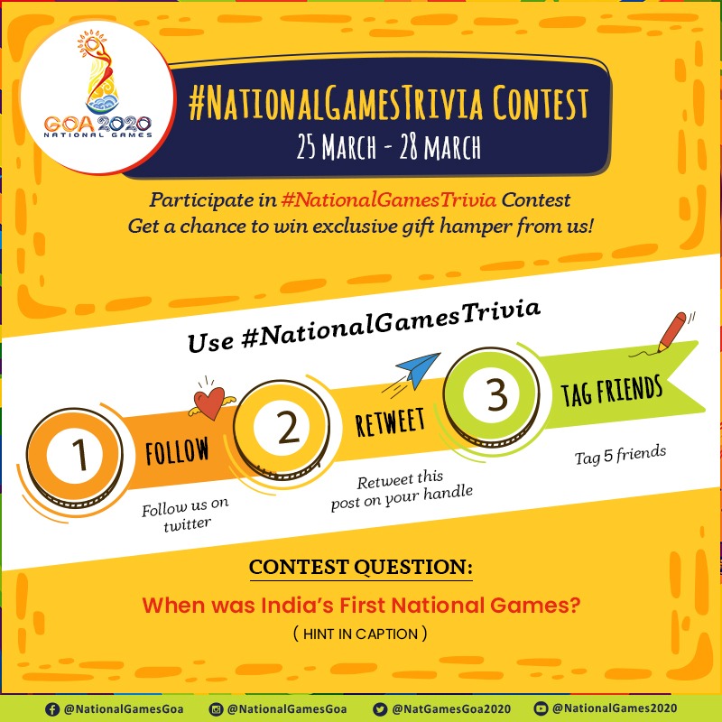 #ContestAlertIndia Use #NationalGamesTrivia &amp; Ans a simple question, RT, #Tag 5 Friends Win exclusive gifts! Making it easy find the 
Clue here  bit.ly/2UwYM1w #Contest #21daylockdown #COVID2019 #Lockdown21 #ContestAlert #Contestmania #ContestIndia