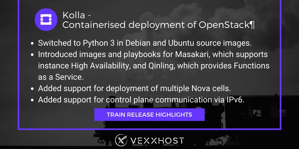 vexxhost's tweet image. Kolla provides production-ready #containers and #DeploymentTools for operating #OpenStack clouds. Benefit from the latest release of OpenStack: hubs.ly/H0nNbn50 #WednesdayWisdom