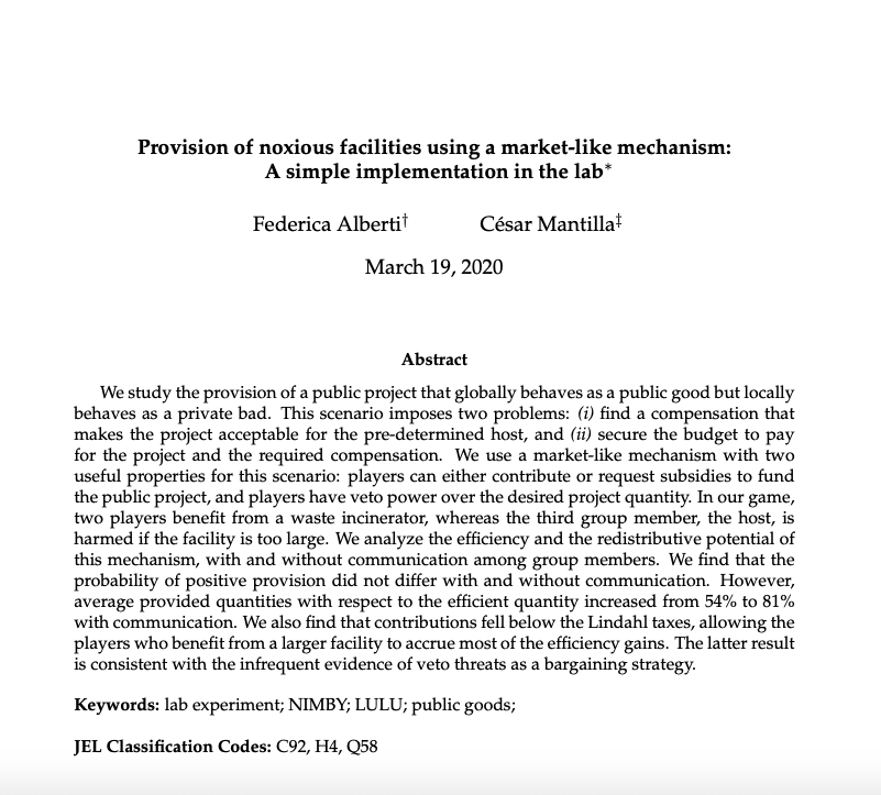 economia_red's tweet photo. #NuevoDocumento! "Provision of noxious facilities using a market-like mechanism: A simple implementation in the lab" @CesarMant, Federica Alberti. Un proyecto público que #globalmente se comporta como un #BienPúblico pero #localmente...? ¡CORRE A VERLO! 🥳https://t.co/RiX1MGlN0D https://t.co/skZbC4A3eT