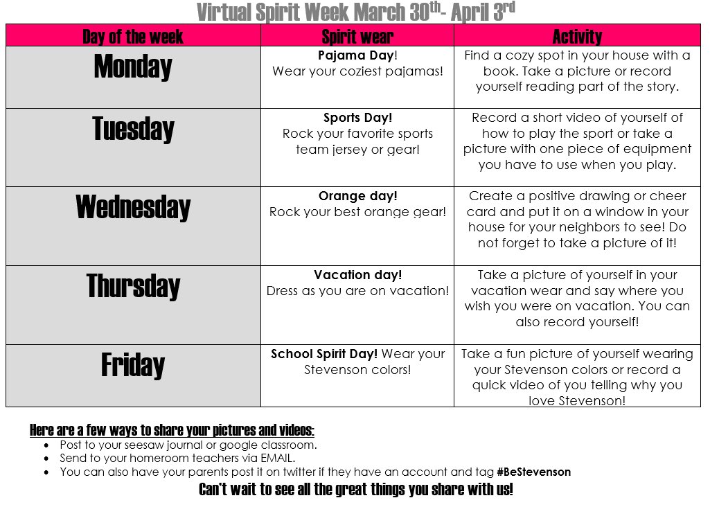CTteaches's tweet photo. Stevenson Stallions!! A virtual spirit week is coming your way next week!! Can’t wait to see all the videos and pictures from all these fun activities!! Look for more info from your teachers!!! #BeStevenson #relationship #community #D54StepsUp https://t.co/OMJM64QyNi