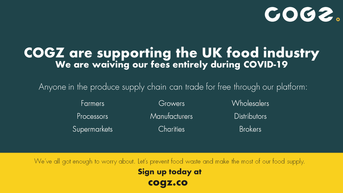 wearecogz's tweet photo. To further support the UK Food Industry during the #COVID19 crisis, COGZ will now offer free services to all businesses with surplus produce within the fresh supply chain.

SIGN UP: https://t.co/5jyi2o84S9 to save your surplus. 

#SupplyChain #BackBritishFarming #FeedtheNation https://t.co/DRkHlnXVTI