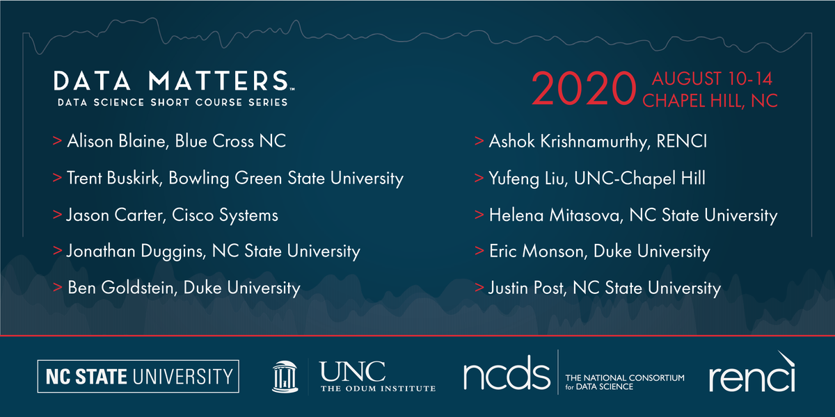 TheNCDS's tweet photo. Instructors for this year's #DataMatters come from all across the #datascience field, from geospatial analytics to healthcare data. #TheNCDS #NCFirstInData 

To read more about the experts teaching our courses, click here: https://t.co/aNvki9ObaW https://t.co/68qu9kjoAG