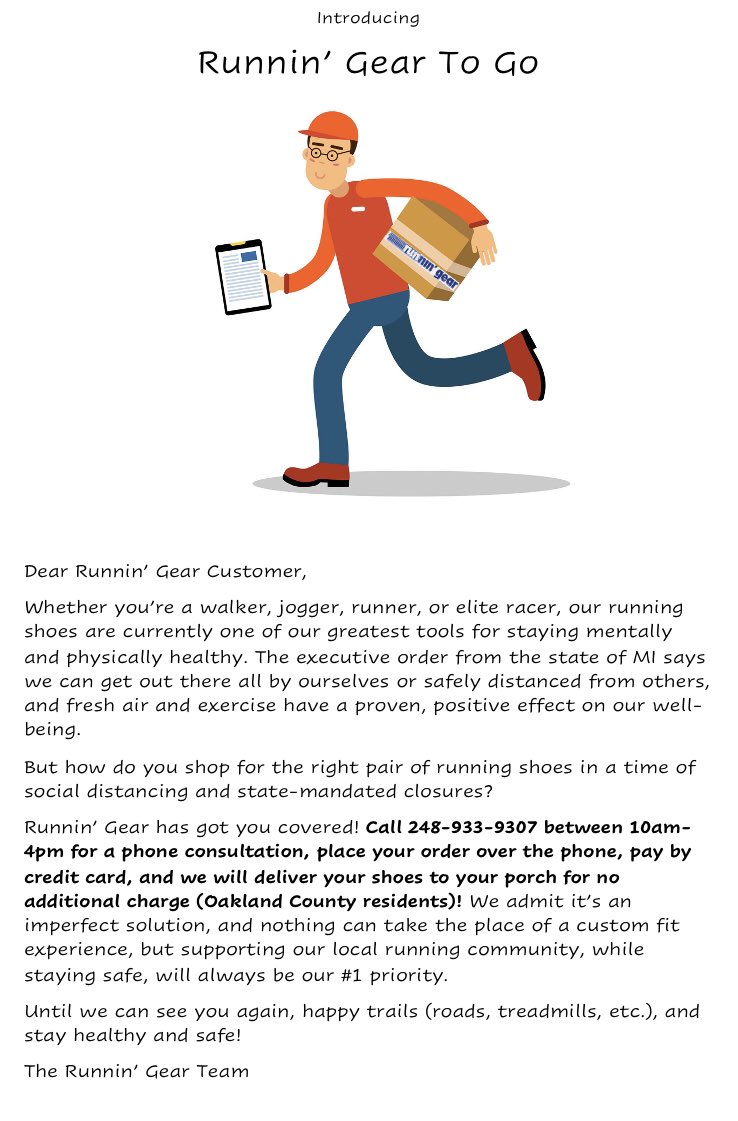 RunninGear's tweet photo. The health benefits of walking and running are more important than ever. Need a new pair of shoes? We can still safely support you with same-day delivery through “Runnin’ Gear To Go.” https://t.co/onLjW3jvw4