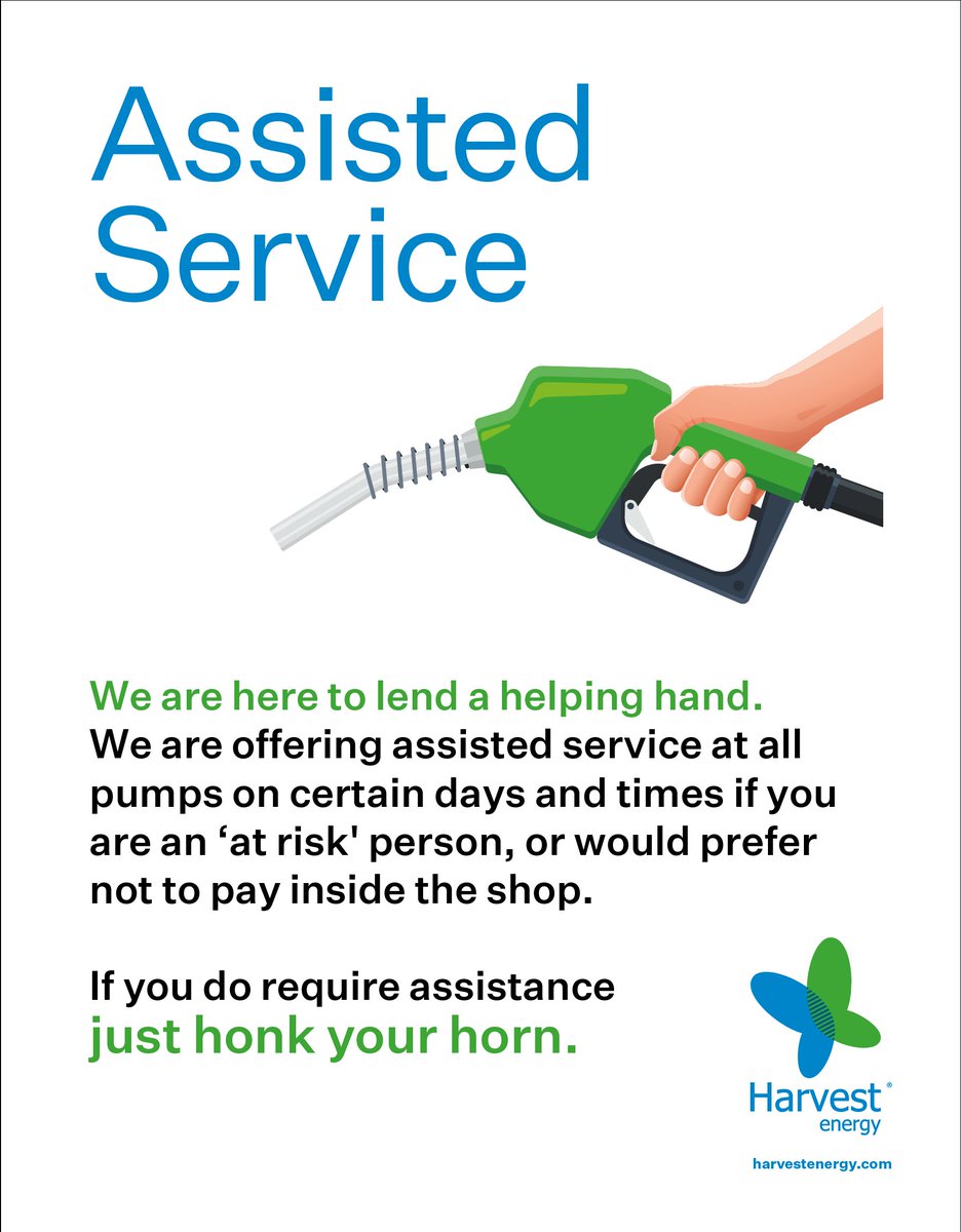 HarvestEnergyUK's tweet photo. We are here to lend a helping hand.  We are offering #assistedservice at all pumps on certain days and times, if you are an ‘at risk’ person, or would prefer not to pay inside the shop.  If you do require assistance, just honk your horn! #HereForYou #heretohelp https://t.co/mMnIcyyfHP