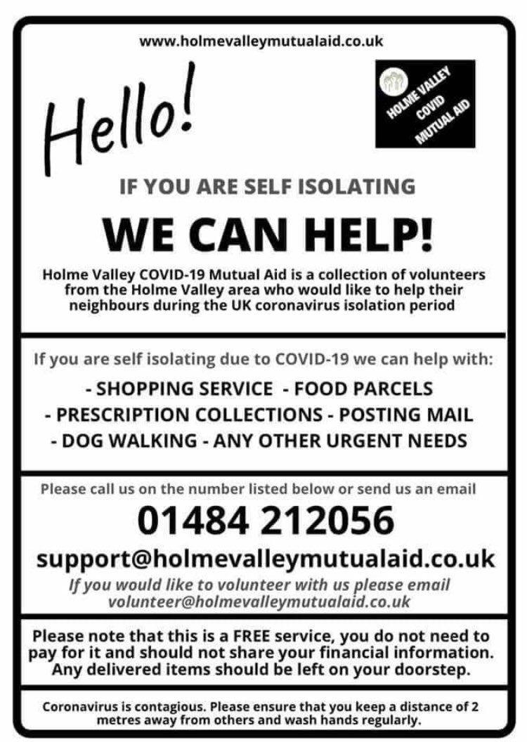 If you are in #Honley and need help because of self-isolating then please do get in touch with the local volunteer services for help with food, supplies, prescriptions, dog walking and other needs. Email support@holmevalleymutualaid.co.uk. Stay safe &amp; #StayHome #covid19