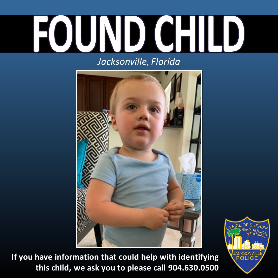 JSOPIO's tweet photo. Please RT: 

#JSO has located a tender aged child in the area of 2300 Saint Johns Bluff Road South. We are asking for the community’s assistance in identifying him.

If you know this child or his parents, contact the Jacksonville Sheriff’s Office at 904-630-0500. https://t.co/gtxR0PBNli
