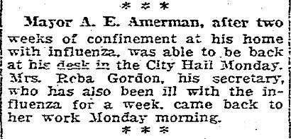 From the Oct. 14, 1918,  @HoustonChron: Houston Mayor A.E. Amerman was confined at home for two weeks because of influenza. In other news, a woman is arrested for providing booze to a soldier in uniform.