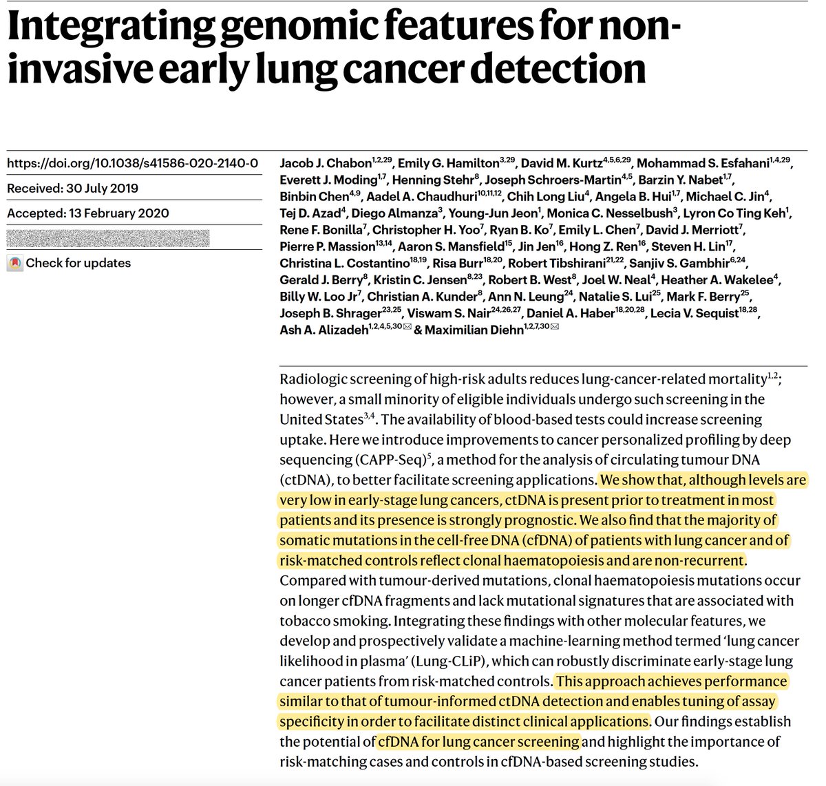 Interrupting #COVID19 posts for my 1° area of interest (#AI and medicine) w/ 2 new @nature papers just published:
1. Heart beat-to-beat analysis for real time function (EF) nature.com/articles/s4158…
2. Better lung #cancer screening integrating #genomics
nature.com/articles/s4158…