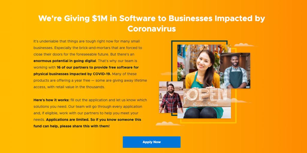 AppSumo's tweet image. If your physical #business has been impacted by #COVID-19 we want to help! Our partners are providing free software to get you digital!

👉 How it works: Apply through our application social.appsumo.com/softwaretw

🧡 Want to help? RT this post or tag businesses in the comments!👇