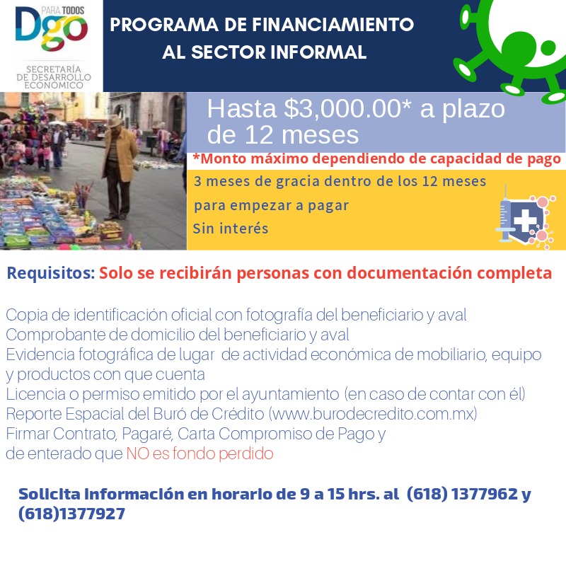 SdecoDgo's tweet photo. Amigos #Comerciantes de #DurangoCapital

El @gobdgo a través de la #Sedeco ópera el #ProgramaEmergente para #ComercioInformal

Acudir a 
📍 Blvd. Felipe Pescador #800 Pte. Zona Centro
⏰9 AM a 3 PM

⭕️IMPORTANTE: Solo se atenderá a las personas que lleven su papelería completa https://t.co/nlwyJ414DT