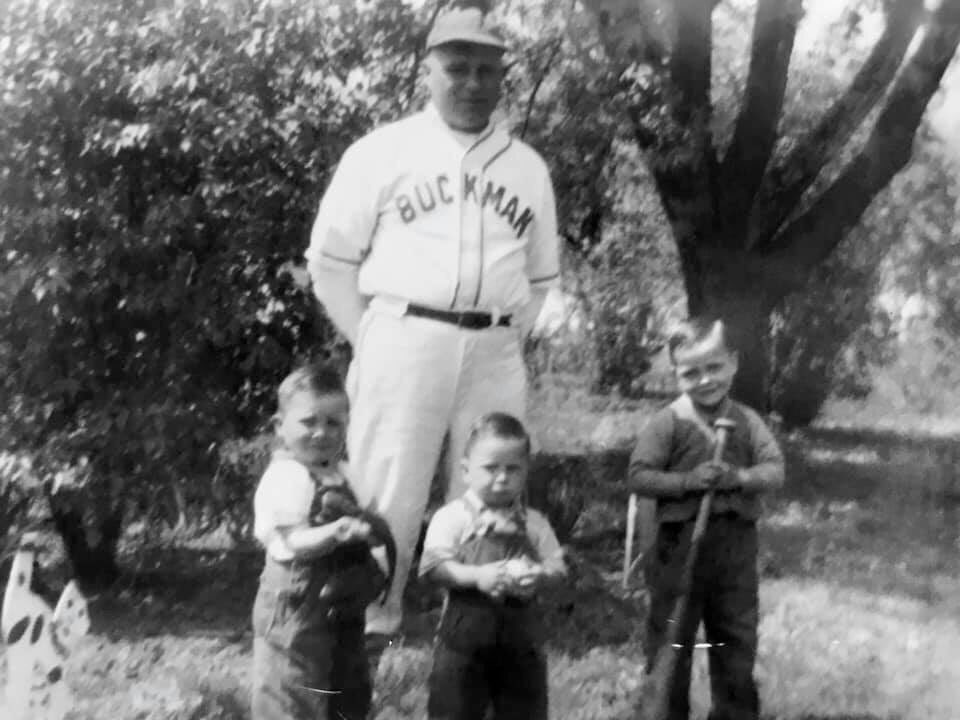 victoryleaguebb's tweet image. Before they were the @BuckmanGoats , before they were the Buckman Pirates or the Buckman Bucs, they were just...Buckman.  Pictured in uniform is Teddy Funk. L-R in front are sons Jerry, Jimmy &amp;amp; Alvin.  Alvin would grow up and Managed Buckman to the 1999 Class C Championship.