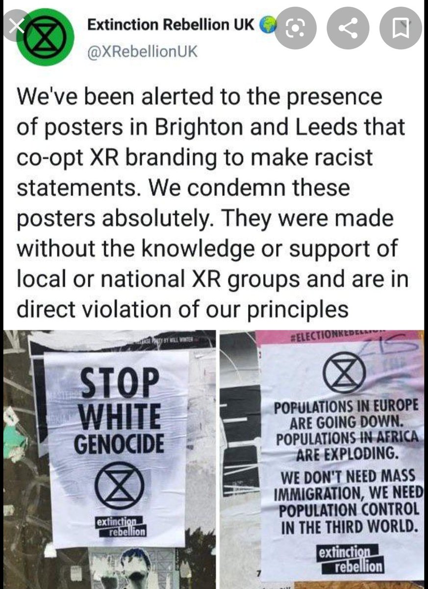 XRHLX's tweet photo. @HFXAgainstHate The fake posters are easy to spot because they are very basic, black and white. XR UK has much more artistic ability. These are a few more examples of fascists using the logo to try and discredit the movement or gain support for their own. https://t.co/ClSk3EArQz