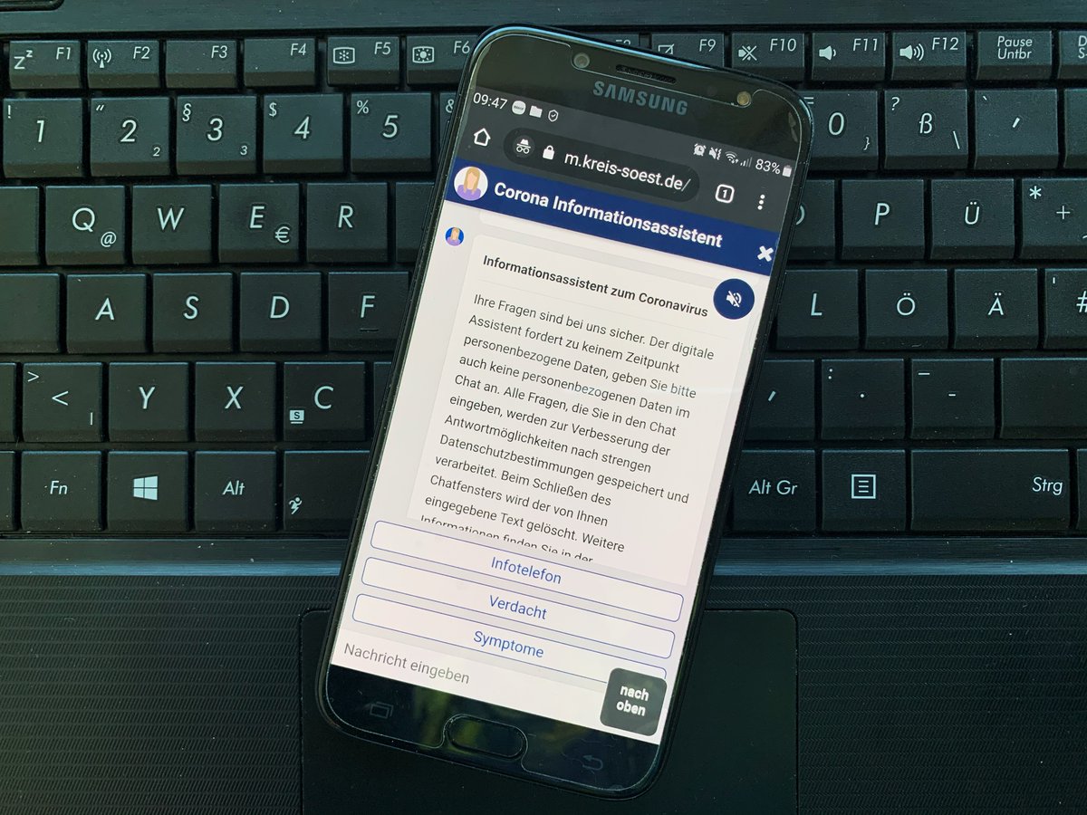 #coronavirus: #KreisSoest setzt #Chatbot auf Website und bald #Facebook ein. Bot steht 24/7 zur Verfügung. Kreis betritt wegen komplexer Thematik technisches Neuland - Feedback erbeten! Infotelefon und FAQ weiter errreichbar.  j.mp/2UA7hZM ⁦<a href="/convaise/">Convaise</a>⁩ #GovTech
