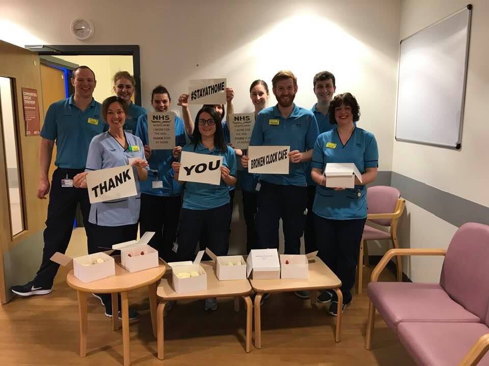 DanielMcGaughe3's tweet photo. I want to draw attention to the kindness &amp; generosity of local business in showing their support for the #NHS. 2day #brokenclockcafe delivered delicious cakes to our team! Thank u so much! ur kindness deserves more attention &amp; won’t be forgotten!  #OT #AHP #QEUH #ortho #freecake https://t.co/YE8h56B2lD