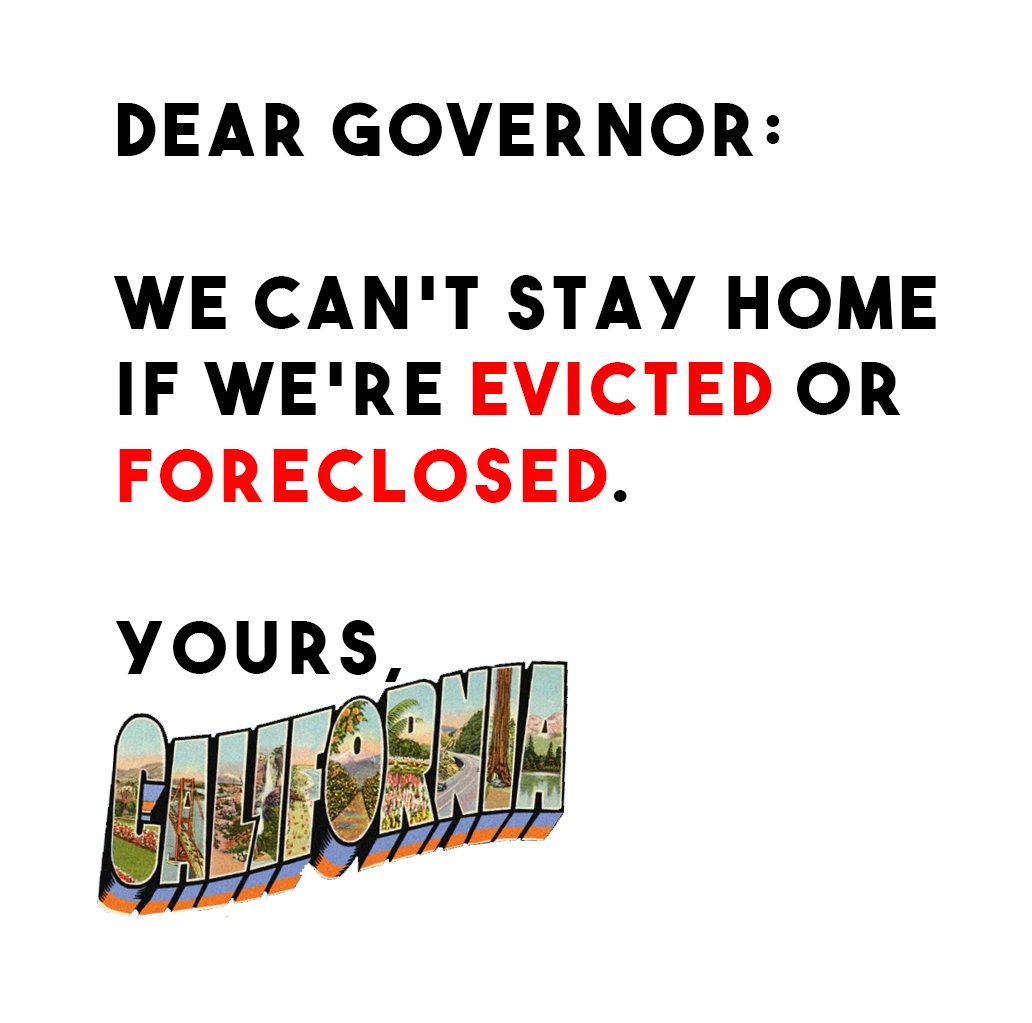 Millions of Californians face uncertainty and because of the #CoronaCrisis. <a href="/cagovernor/">Governor Gavin Newsom</a>, we need urgent action to protect renters, homeowners and the unhoused! drive.google.com/file/d/1RgHSti… #canceltherent #nomortgage #noworkcantpay