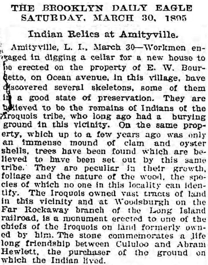 ericwalterdocs's tweet photo. March 30, 1895 - The Brooklyn Daily Eagle reported on the discovery of "several skeletons on Ocean Ave, #Amityville believed to be the remains of Indians who had a burying ground in this vicinity." Amityville Historical Society, any thoughts? @Newsday @AmityvilleRec @lauradidio https://t.co/9tZgPx8fAx