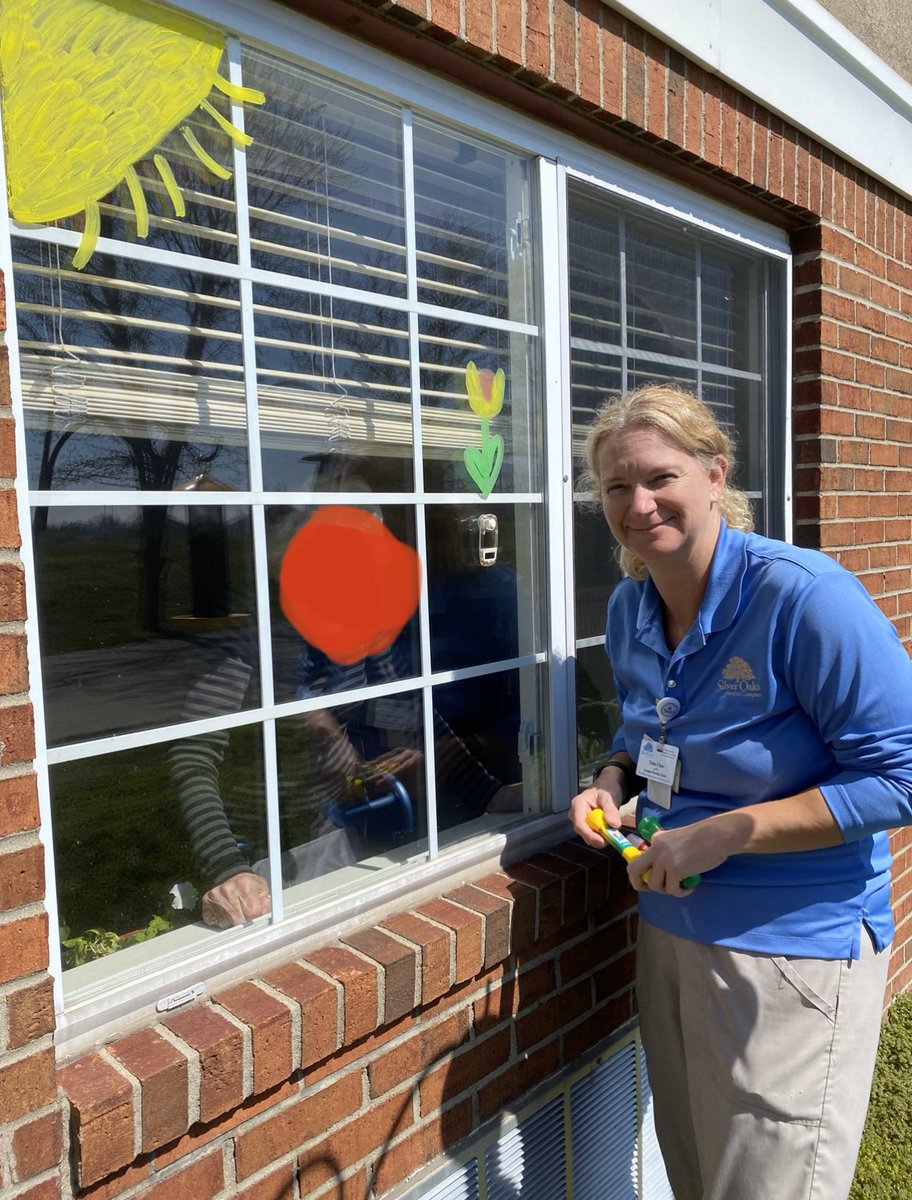 coles72697's tweet photo. SilverOaks team out painting our Resident windows to brighten their day during all this crazy! 
I love this team and how much they love our residents!! ❤️ @LeighAnnBarney @TrilogyLiving @AlldredgeMegan @andrabladen #teamsilveroaks #paintingthelove https://t.co/NhsbUtj1F9