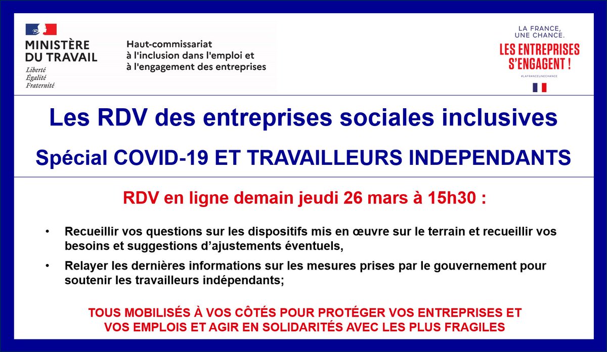RAPPEL : vous êtes travailleur indépendant et vous voulez en savoir plus sur les mesures prises en lien avec le Covid-19? 
RDV en ligne demain 15h30 avec <a href="/Reseau_BGE/">BGE</a> <a href="/franceactive/">France Active</a> <a href="/Adieorg/">Association Adie</a> <a href="/Luludansmarue/">Lulu dans ma rue</a> et la <a href="/DGEntreprises/">Direction générale des Entreprises</a> 
Inscription et connexion ici : app.livestorm.co/itou/les-rende…