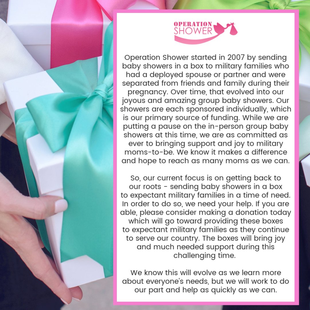 OperationShower's tweet photo. A friend said the other day, "Do what you do best. Operation Shower is the best at bringing joy to military moms-to-be and they really need that now. So, keep doing that." We are going to keep doing what we do best. If you can, please donate today. https://t.co/Qu8v08htgw https://t.co/oXWsS8QB2L