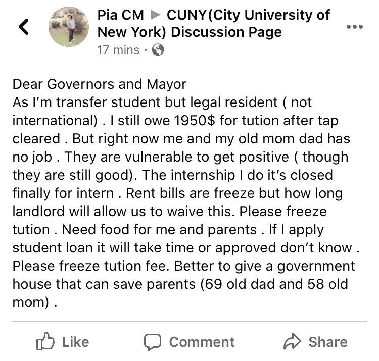 ⁦@NYGovCuomo⁩ & ⁦@NYCMayor⁩ we need $36 mil from the state & $16 mil from city budget to freeze tuition this year. In this pandemic, students simply can not afford an extra $200. #freezetuition #fundCUNYnow!