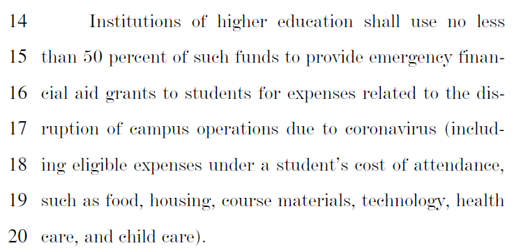 CarrieWarick's tweet photo. The #CARESAct requires #highered to spend at least 50% of received funds on emergency aid for students impacted by #COVID -19 response. It's a thing of beauty to see all those basic needs addressed. I don't know if it will be enough $$, but it's start. https://t.co/447XrrWQ7J