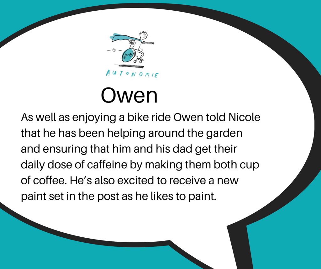 AutonomieInfo's tweet photo. Our young people with additional needs whilst at home are taking part in the #WhatNextProg Independent Skills Task Challenge. Meet Owen, here he tells our programme Youth Project Officer Nicole what he has been up to during a video link chat. https://t.co/1UYZuTdXKK