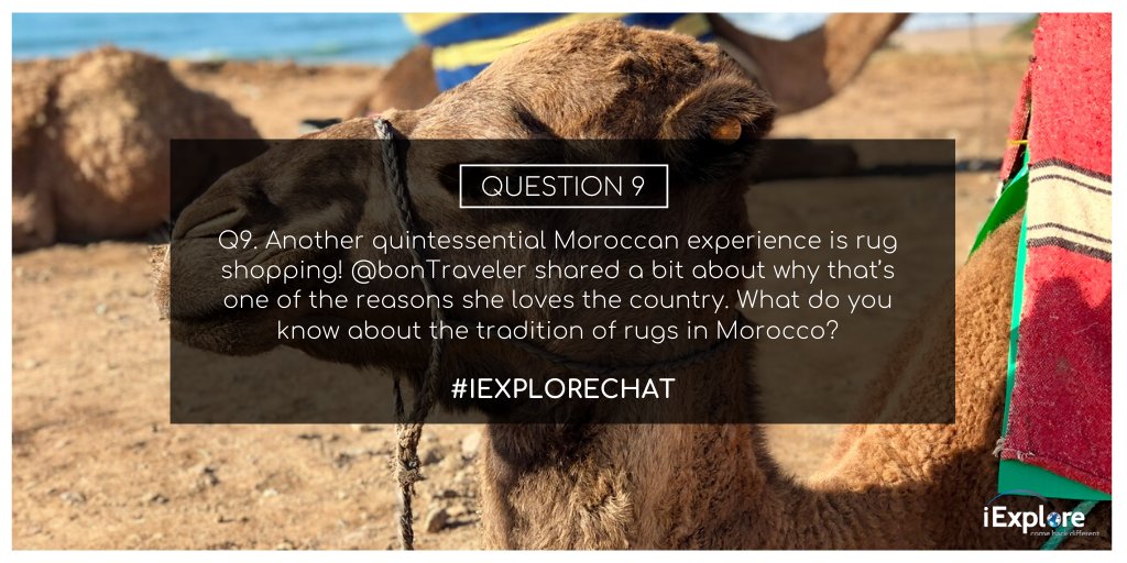 Q9. Another quintessential Moroccan experience is rug shopping! @bonTraveler shared a bit about why that’s one of the reasons she loves the country. What do you know about the tradition of rugs in Morocco? buff.ly/2OkbFcY  #iExploreChat