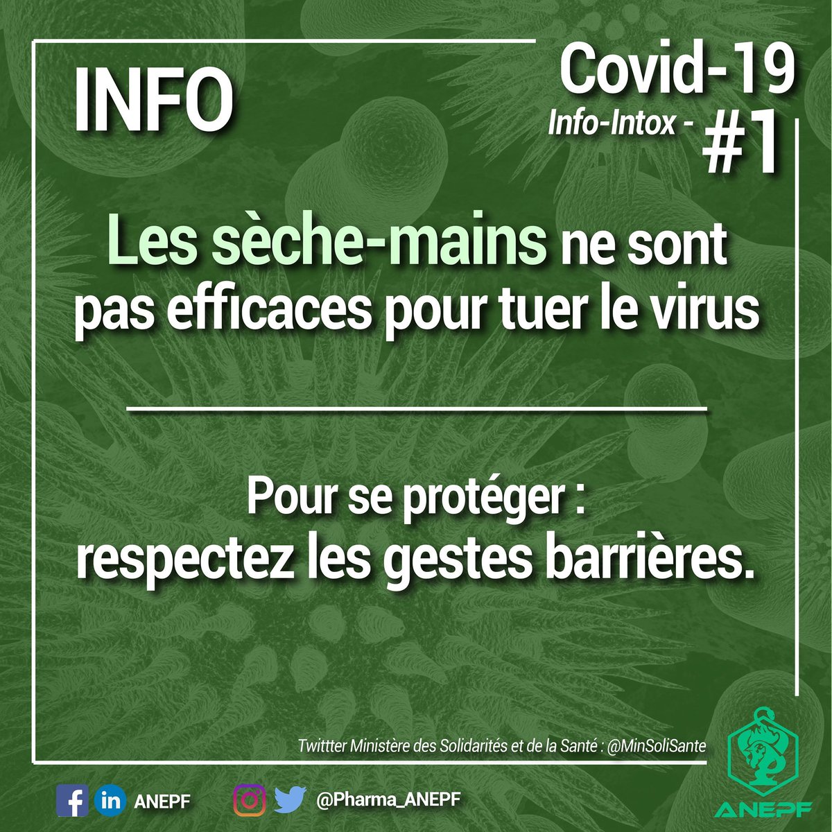Pharma_ANEPF's tweet photo. ⬇️ [THREAD] INFO/INTOX #COVID19 | 

En ces temps d’épidémie ⚠️ aux fausses informations ! 🦠

🔎 Présentation d’informations répandues et décryptage ensemble ↪️ sont-elles vraies ou fausses ? 

🚨Infos valables aujourd’hui mais situation amenée à évoluer très vite ! #StayTuned https://t.co/tKV9pcwAZa
