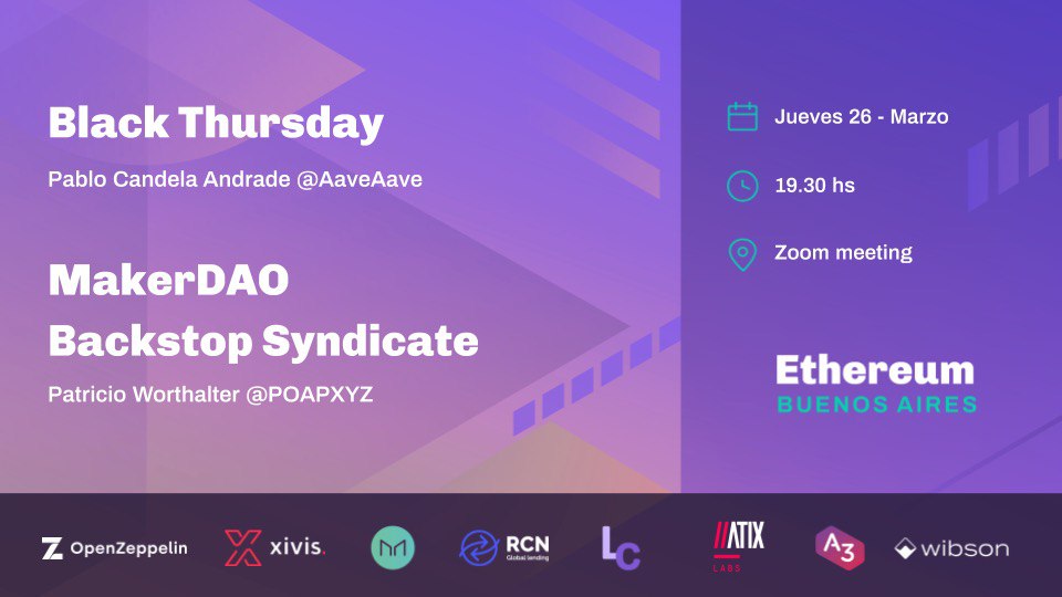 Hey, Spanish-speakers! 🇪🇸

This Thursday 19.30 GMT-3 you can join the virtual <a href="/ethbuenosaires/">ETHBuenosAires</a> meetup

Guest speakers from @AaveAave and <a href="/poapxyz/">POAP - Bookmarks for your life</a> will be discussing the impact of the latest flash crash 📉💥

Tune in from wherever in the world you are! 🌎

meetup.com/ethereum-ba/ev…