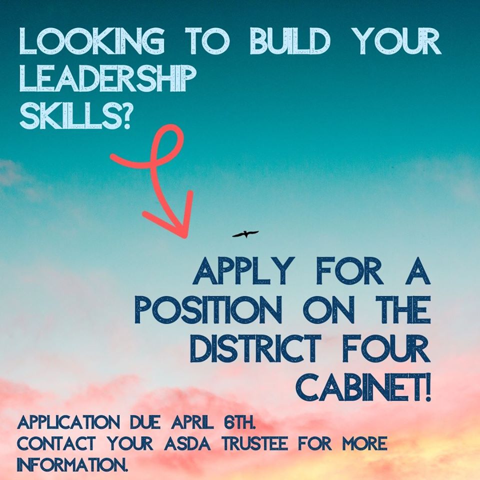 VCUASDA's tweet image. Check out this amazing leadership opportunity to get involved with ASDA at the DISTRICT level as a cabinet member! Visit DistrictFourASDA.com for position descriptions and applications! #asdafever @district4asda