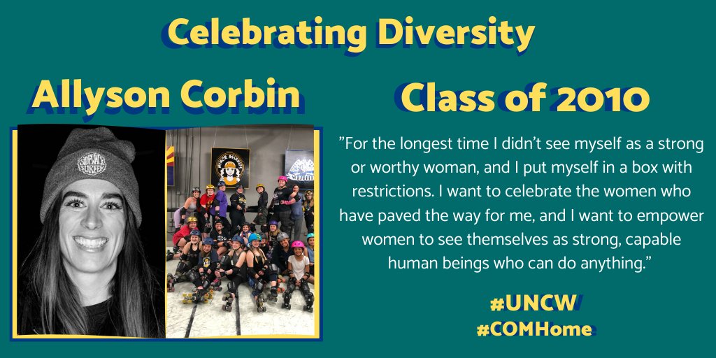 UNCWCOM's tweet photo. In honor of #WomensHistoryMonth we will continue to celebrate diversity with #UNCWAlum, Allyson Corbin!
Allyson is the Director of Consumer Insights at Navigate Research, a #rollerderby enthusiast, and a self proclaimed raging feminist! #COMHome #COMTogether @UNCWIMC https://t.co/ZlMDMN7dSG