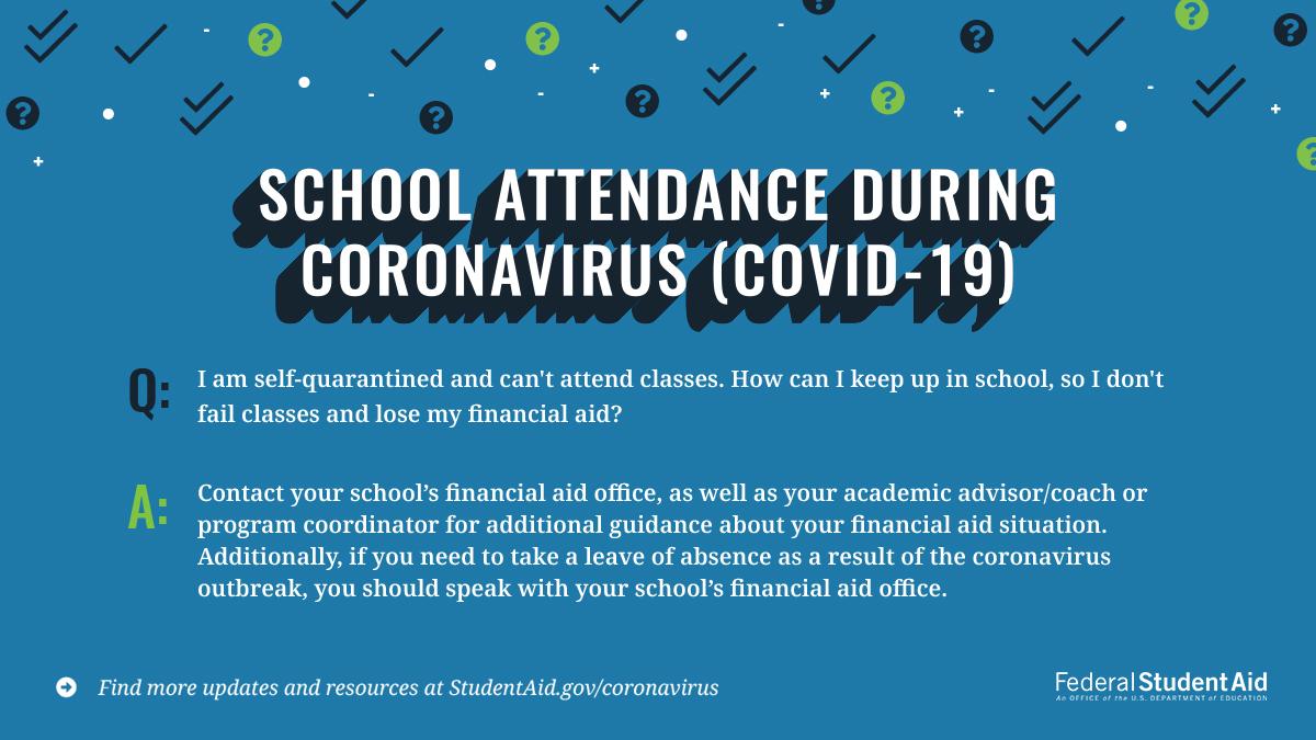 FAFSA's tweet photo. Students, we know #coronavirus (COVID-19) has raised a lot of questions about what happens now with your financial aid. 
We’re here to help. ⬇️
Learn more at https://t.co/BGncEvHaI8​. https://t.co/YgwOnC1fFu