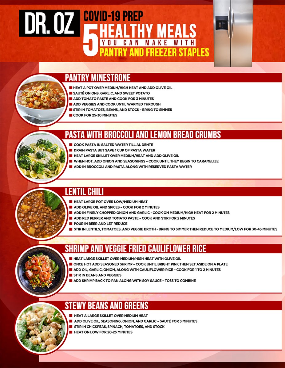 DrOz's tweet photo. Are you not inspired by the food options in your house? Check out this list of healthy meals you can make with pantry and freezer staples.
 
More recipes here: https://t.co/8ph5cD9mv6 https://t.co/h4zjuQuzId