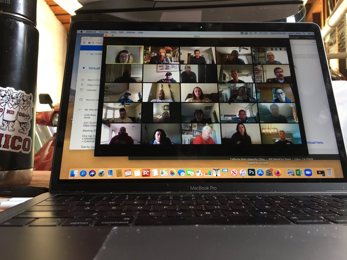 ChicoAthletics's tweet photo. First full-staff ⁦@zoom_us⁩ meeting of the semester. Ever, in fact. Love seeing all the folks we’re used to high-5ing and hugging. This is the best we can do right now. Find your coach(es)! #WheresWade? BTW-@WildcatsAD is preaching! https://t.co/2faqeQmzr8