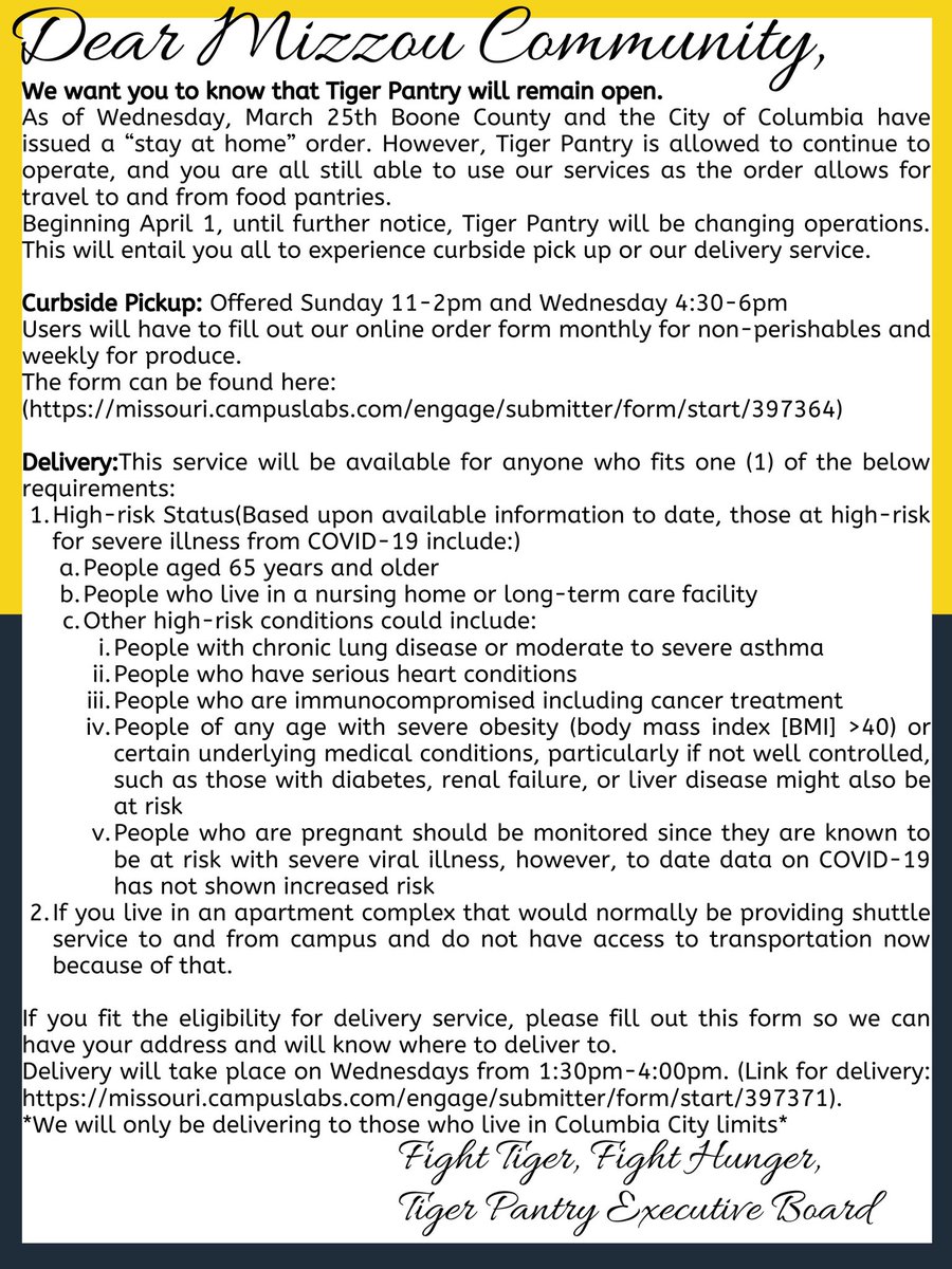 UPDATE: 
Tiger Pantry is guided by our values and purpose; To feed hungry tigers in need. 
We will remain open during this time and can’t wait to serve everyone🌟