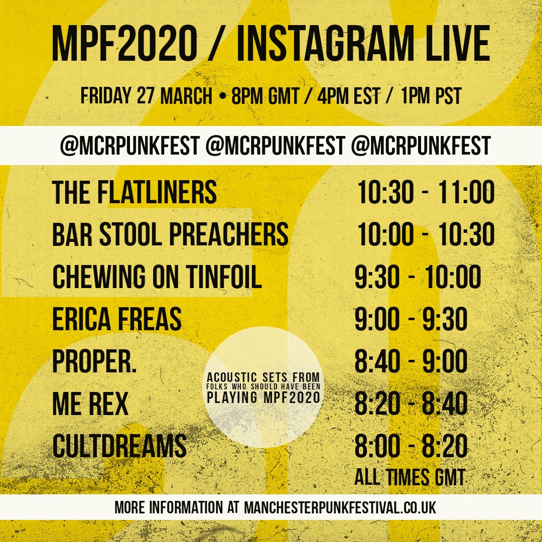 Manchester Punk Festival (@mcrpunkfest) on Twitter photo THIS FRIDAY! You can't come to MPF, so we're bringing MPF to you! 🐝
We've got these legendd playing live to you through our Instagram. We'll have sets from <a href="/theflatliners/">THE FLATLINERS</a>, <a href="/BarPreachers/">BarStoolPreachers</a>, @chewinontinfoil, <a href="/ericafreas/">Erica Freas</a>, @likerealproper @MEREXEREM and <a href="/cultdreamsband/">𝕮𝖚𝖑𝖙𝖉𝖗𝖊𝖆𝖒𝖘</a>. 🎉📲🐝 THIS FRIDAY! You can't come to MPF, so we're bringing MPF to you! 🐝
We've got these legendd playing live to you through our Instagram. We'll have sets from <a href="/theflatliners/">THE FLATLINERS</a>, <a href="/BarPreachers/">BarStoolPreachers</a>, @chewinontinfoil, <a href="/ericafreas/">Erica Freas</a>, @likerealproper @MEREXEREM and <a href="/cultdreamsband/">𝕮𝖚𝖑𝖙𝖉𝖗𝖊𝖆𝖒𝖘</a>. 🎉📲🐝