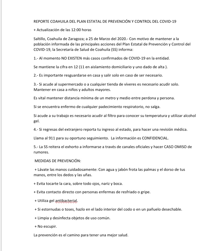 GobDeCoahuila's tweet photo. 📍#REPORTE #COAHUILA DEL PLAN ESTATAL DE PREVENCIÓN Y CONTROL DEL #COVID_19

•  Actualización de las 🕚 12:00 horas

Con motivo de mantener a la población informada de las principales acciones del Plan Estatal de Prevención y Control del COVID-19, la @SS_Coahuila informa: https://t.co/lywAFJsBsg