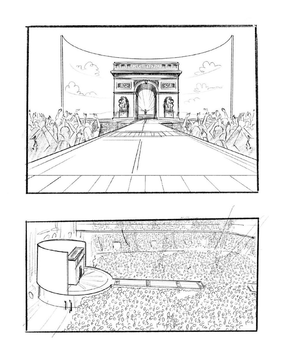 Et voici les premiers croquis de @highscreamltd de la scène 'Arc de Triomphe' de @djsnake en amont de son show à @ParisLaDefArena 🇫🇷