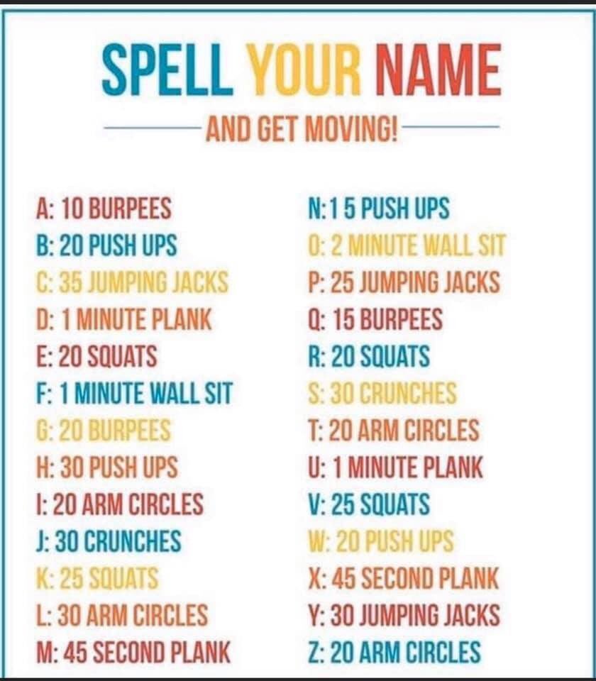 Jaime Wohlbach Warriors Softball Name Each Day For The Next 28 Days Warriorstrong J 30 Crunches A 10 Burpees I Arm Circles M 45 Second Plank E Squats W Jaime Wohlbach Warriors Softball Name Each Day For The Next 28 Days Warriorstrong J 30 Crunches A 10 Burpees I Arm Circles M 45 Second Plank E Squats W