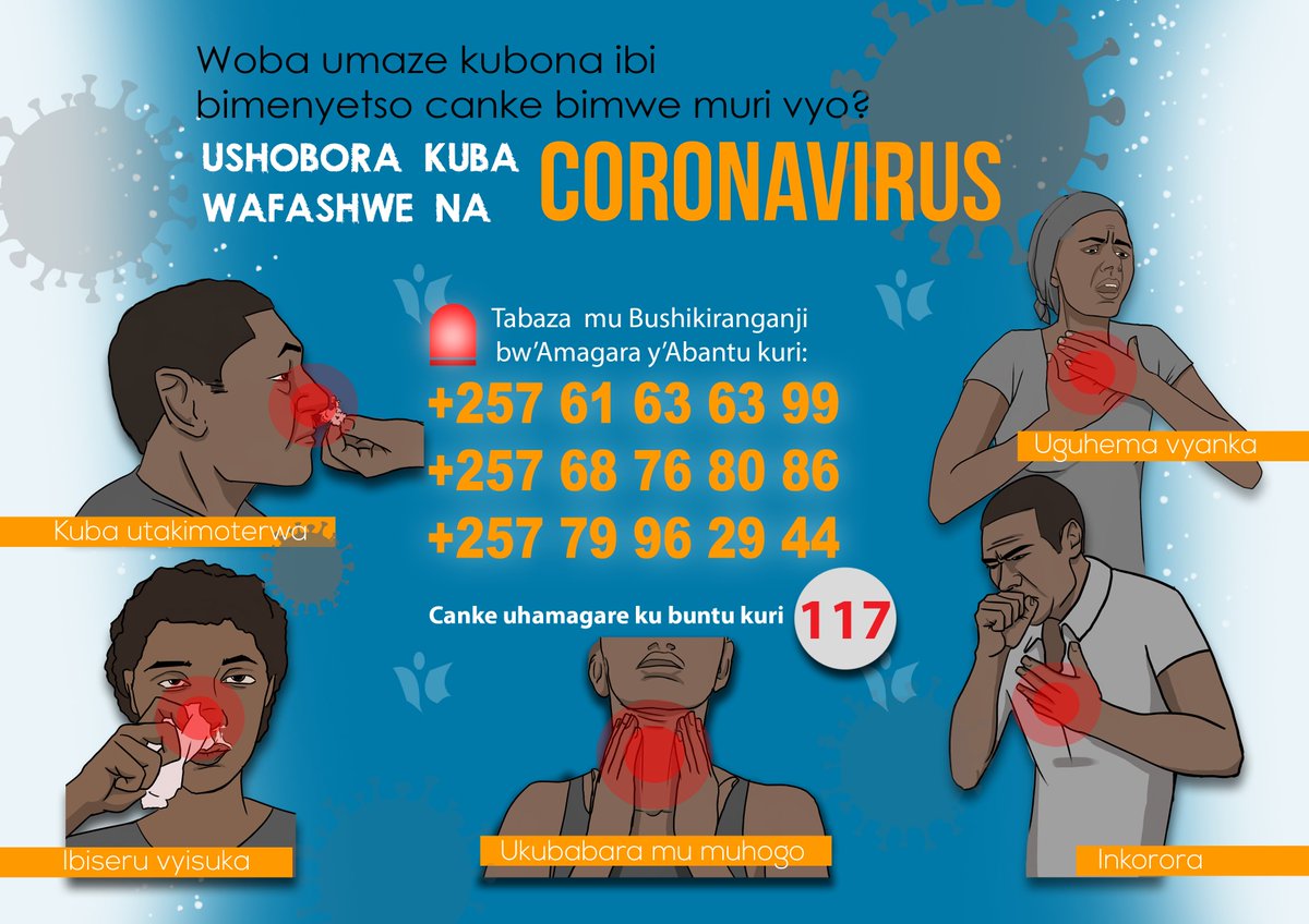  Écoulement nasal, mal de gorge, toux, fièvre, difficultés respiratoires ou même parfois perte de l'odorat: partageons les symptômes du  #COVIDー19 pour une plus facile reconnaissance par le grand public au  #Burundi (majoritairement kirundiphone) #CoronaVirusUpdate