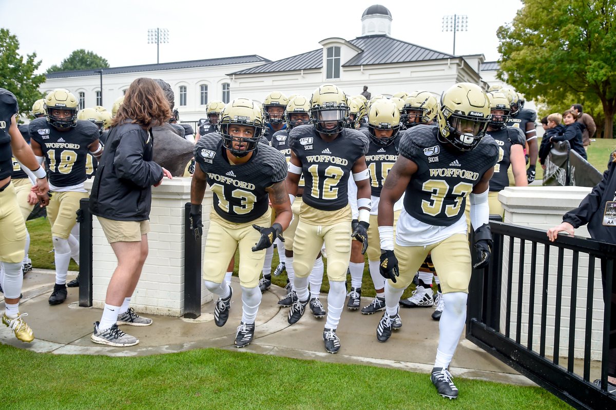Wofford_FB_EQ's tweet photo. The all white was something new, Black Jersey with Old Gold Pants are a #CLASSIC. #FreshNoMatterWhat #F7 #SpeedFlex @RiddellSports @schuttsports @SportStarGear @adidasFballUS @adidas @DonJoy @Wofford_FB https://t.co/eYZf71sgDr