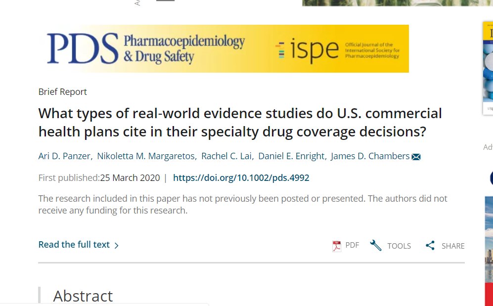 PeterNeumann11's tweet image. A non-COVID19-post:  new paper by @TuftsCEVR&apos;s @jchambers241 et al. shows wide variation in how much real world evidence health plans cite in specialty drug decisions. More #RWE cited the longer drugs are on market. @dollendorf #drugcoverage #managedcare #EvidenceMatters #heor