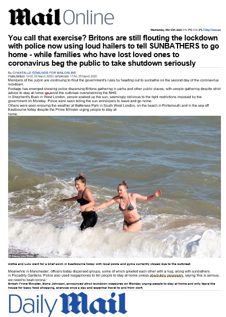 For clarity: 2 of my daughters jogged to sea, swam 20 minutes & jogged home. They are on Front page. The Daily Mail is cross. But Exercise once per day is good. They said I can share because they want people to know they are obeying the rules. #Eastbourne #Exercise. Stay strong.