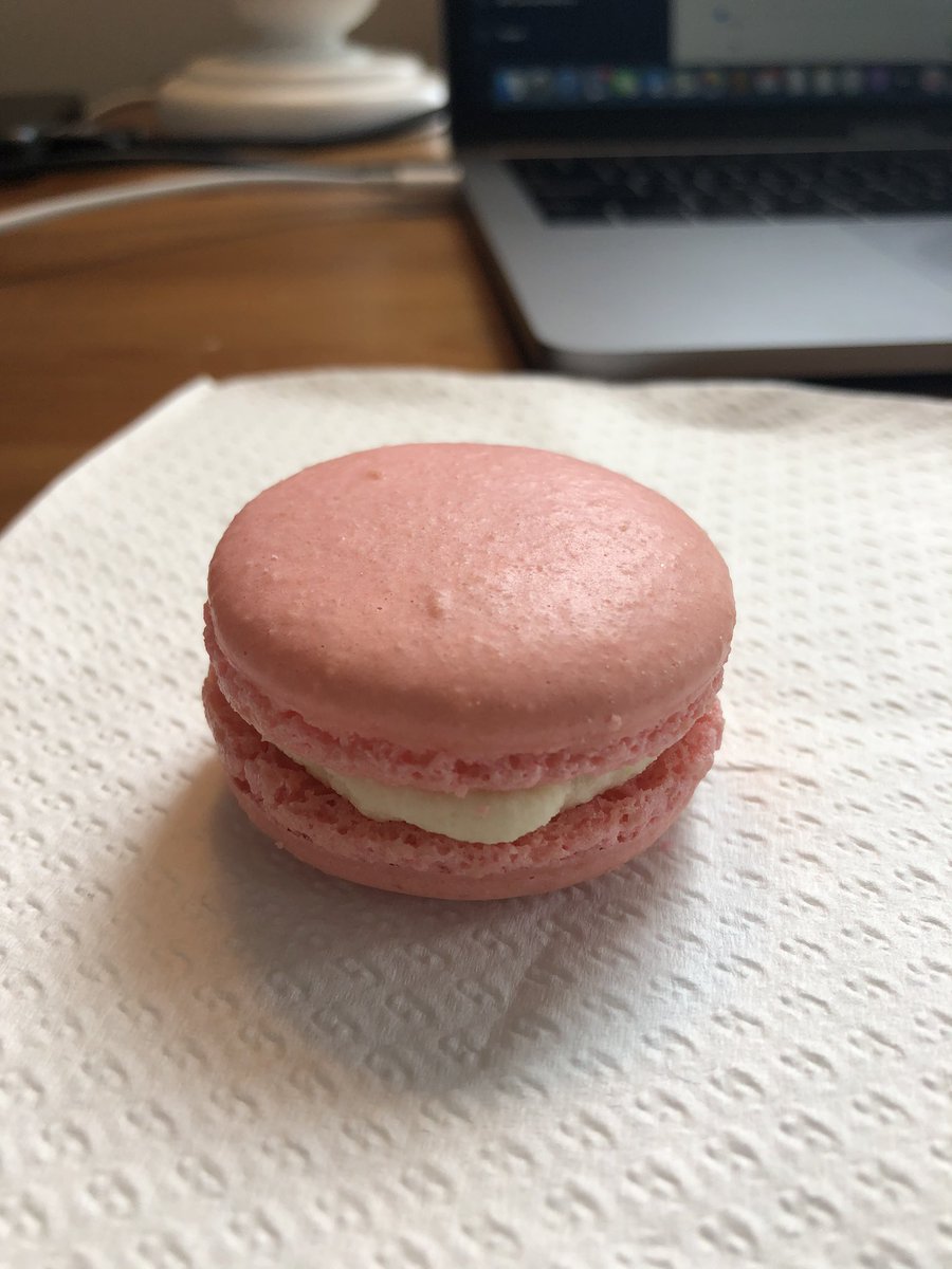 The role of Reese’s peanut butter cup in this afternoon’s stress snack will be played by a strawberry cheesecake macaron from <a href="/MacaBoston/">maca boston</a> because WE FANCY. (And we support small local businesses!)