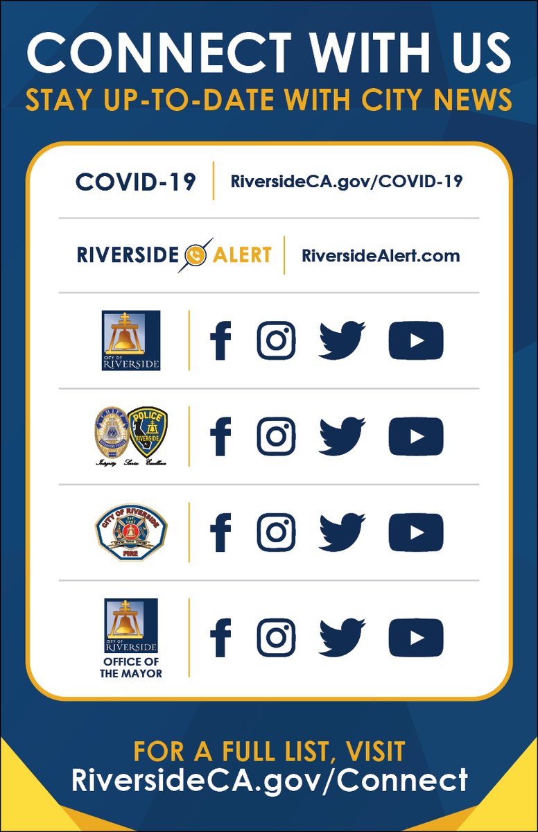 Hey Riverside here's where you can find city specific news. Your city's leadership team is releasing daily updates. Here are some of the ways you can access information readily. Be good to each other.