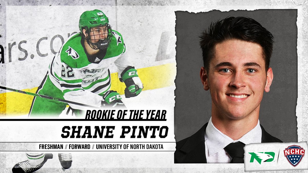 TheNCHC's tweet photo. Congrats to @UNDmhockey forward Shane Pinto on earning #NCHCHockey Rookie of the Year for 2019-20!

He joins Brock Boeser (in 2015-16) as the lone UND players to win the award.

📰: https://t.co/DpqpREdNzV | #UNDproud https://t.co/a7p1bGpTHP